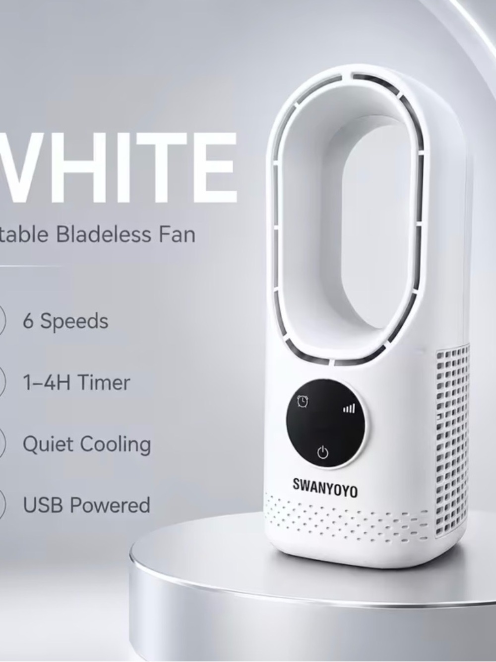 Portable White Bladeless Tower Fan with LED Display
